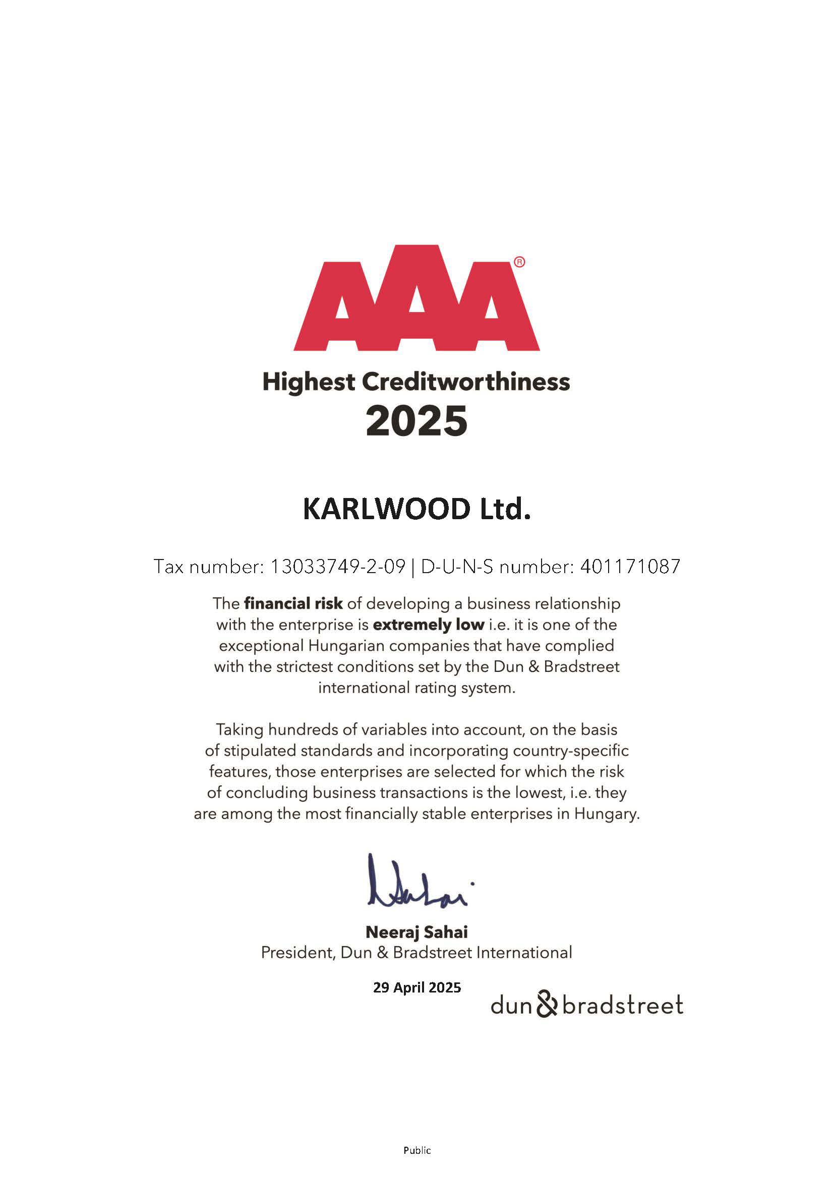 KARLWOOD Tanúsítvány